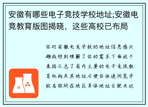 安徽有哪些电子竞技学校地址;安徽电竞教育版图揭晓，这些高校已布局