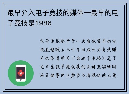 最早介入电子竞技的媒体—最早的电子竞技是1986