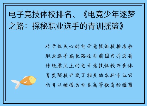 电子竞技体校排名、《电竞少年逐梦之路：探秘职业选手的青训摇篮》